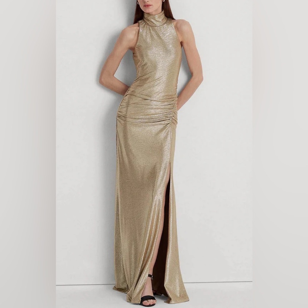 Ralph Lauren High Neck Metallic Gold Gown